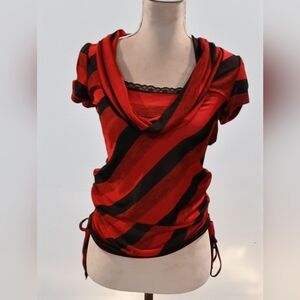 Vtg Y2k 3 Hearts Black Red Stripe Juniors Medium Fairy Goth Drape Ruching Lace